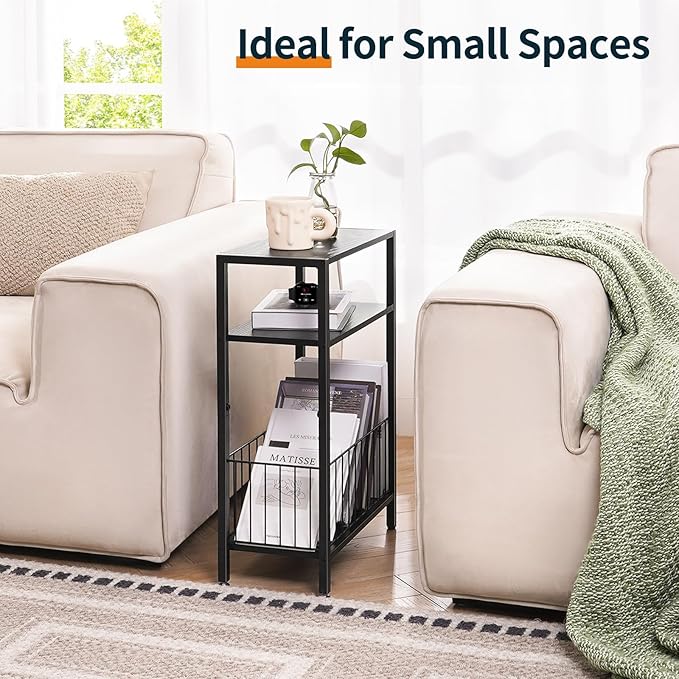 Yoobure Narrow Side Table with Storage Basket, Small End Table for Small Spaces, Skinny Side Tables Living Room Bedroom Office, Slim Nightstand 3 Tier Bedside Table Space-Saving for Magazine, Black