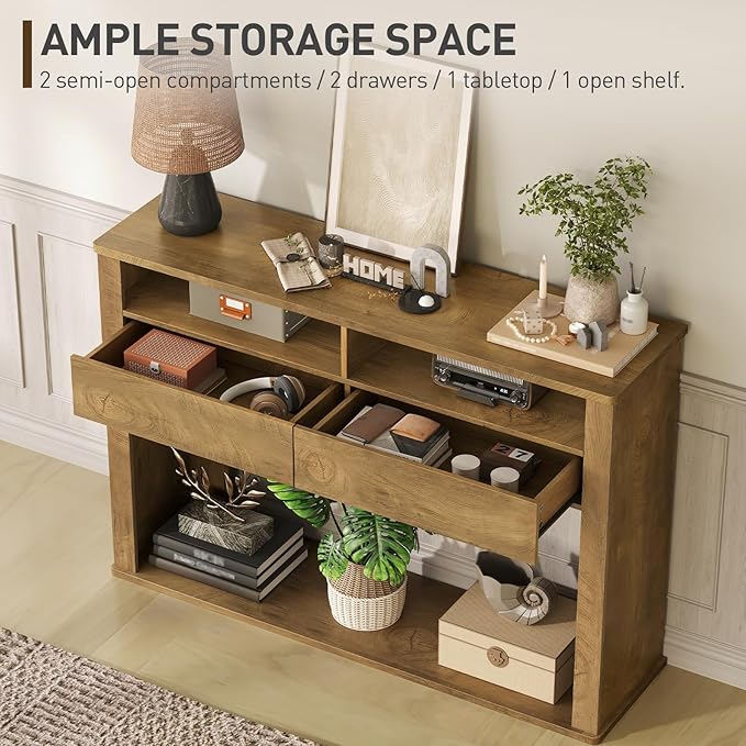 45 Inch Farmhouse Console Table, Entryway Table with Storage Shelves, 3-Tier Fluted Couch Tables Behind Sofa, for Hallway, Foyer, Living Room, Natural Oak