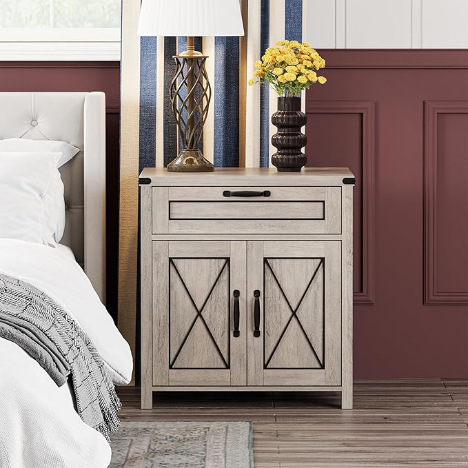 Maupvit End Table, Farmhouse End Table Narrow Side Table for Living Room, Sofa Side Table with Drawer and Storage Cabinet, Small Nightstand for Bedroom(2 Retro-Grey)