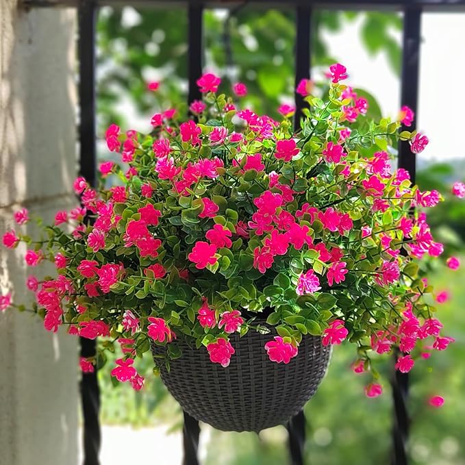 12 Bundles Artificial Flowers for Outdoors, UV Resistant Fake Flowers with Plastic Plants, Faux Flowers for Outside Window Box Front Porch Hanging Planter Decor (Pink)