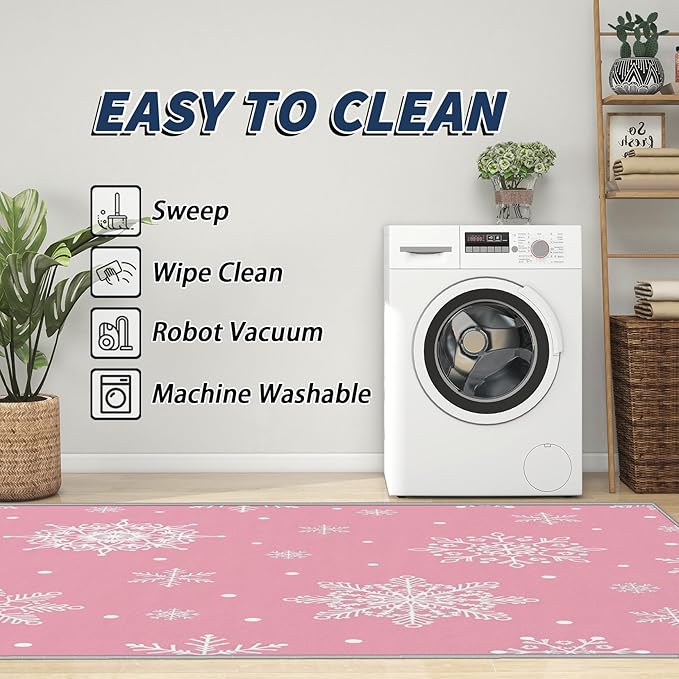 Snowflake Rug 5x7-5x8 Rug, Pink Christmas Living Room Rugs, Snowflake Bedroom Rugs, White Snowflakes Carpet, Festive Home Decor & Gifts