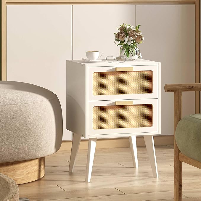 Rattan Nightstand, Wood End Table, Side Table with 2 Hand Made Rattan Decorated Drawers,Boho Bedside Table,Wood Accent Table with Storage for Livingroom, Bedroom, White CTG59W