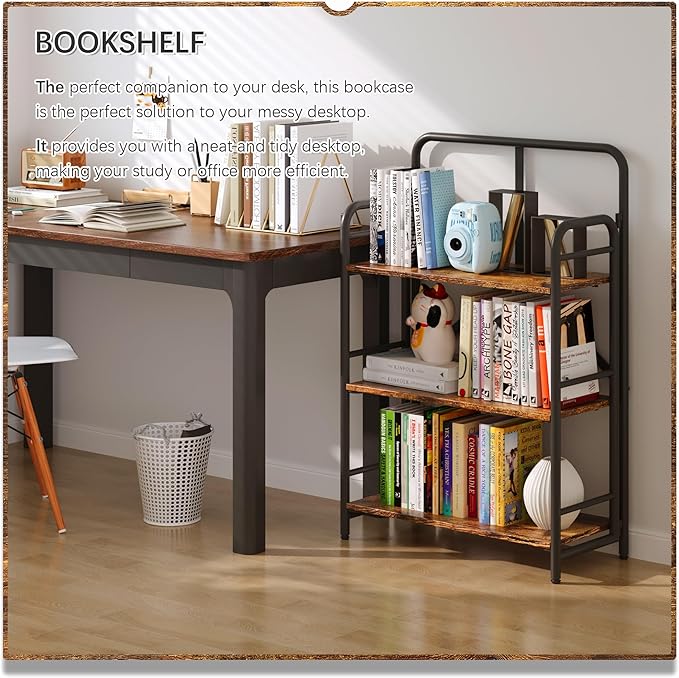 4NM No Assembly Folding Bookshelf, 3 Tiers Collapsible Book Shelves Open Industrial Foldable Storage Bookcase Shelf for Bedroom, Living Room, Home Office - Rustic Brown and Black