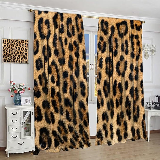 Leopard Print Blackout Curtains, Retro Wild Animal Skin Black Brown Fur Leopard Print Rod Pocket Curtain Window Treatments 2 Panels Drapes for Kitchen Bedroom Living Room Office Deocr 63"W X 63"L