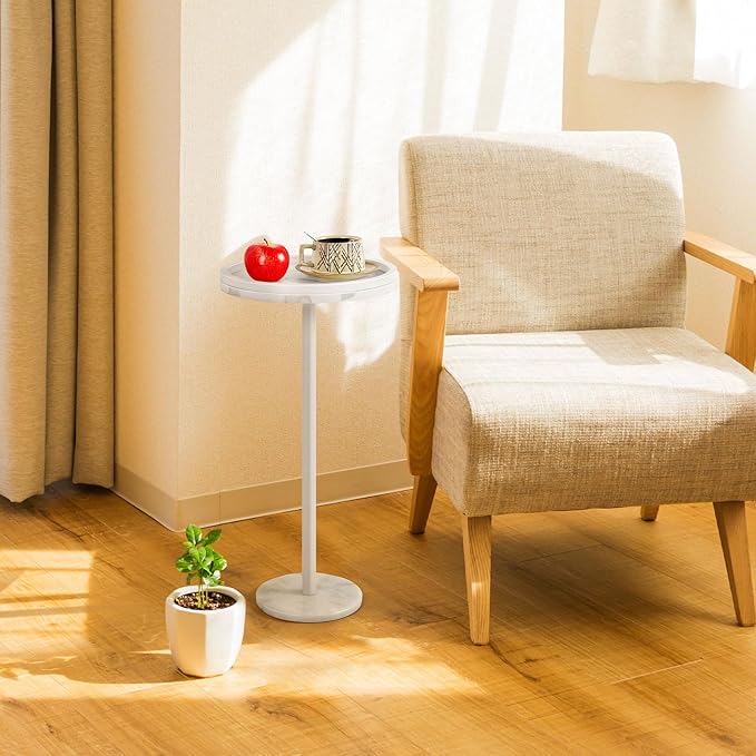 smusei 2 Pack Small Round Side Table Drink Table with Marble Base Pedestal Table for Small Spaces Round End Table with Anti-Fall Guard for Living Room Bedroom Home Decor, White
