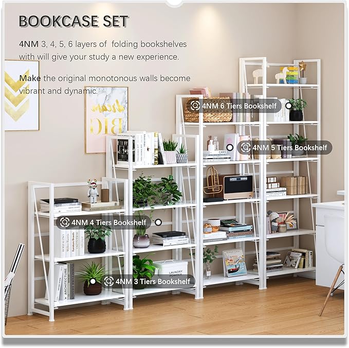 4NM No Assembly Folding Bookshelf, 6-Shelf 74" H Collapsible Foldable Bookcase Storage for Small Spaces, All White