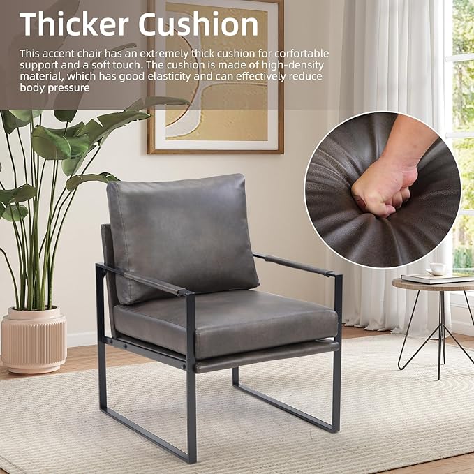INZOY Mid Century Modern Accent Chair with Removable Cushions Set of 2, Comfy PU Leather Living Room Chairs with Thicker Backrest and Cushion, Metal Frame Design, Dark Grey