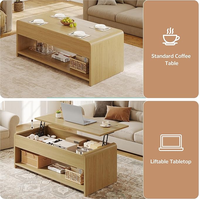 Lift Top Coffee Table, 35'' Modern Coffee Table with Hidden Compartment & Open Shelf, Curved Profile Design, Converts to Home Office Table, Dining Table, Center Table for Living Room, Natural