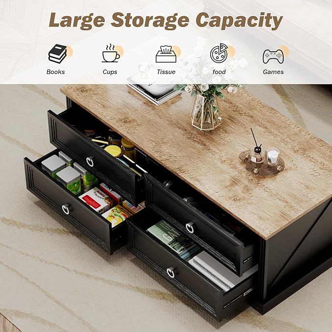 Rustic Coffee Table with Drawers 47 inch Living Room Tables with Storage, Wooden Center Table for Reading Playing Room Home Accent Table for Dining Room Apartment, Dark Oak Black