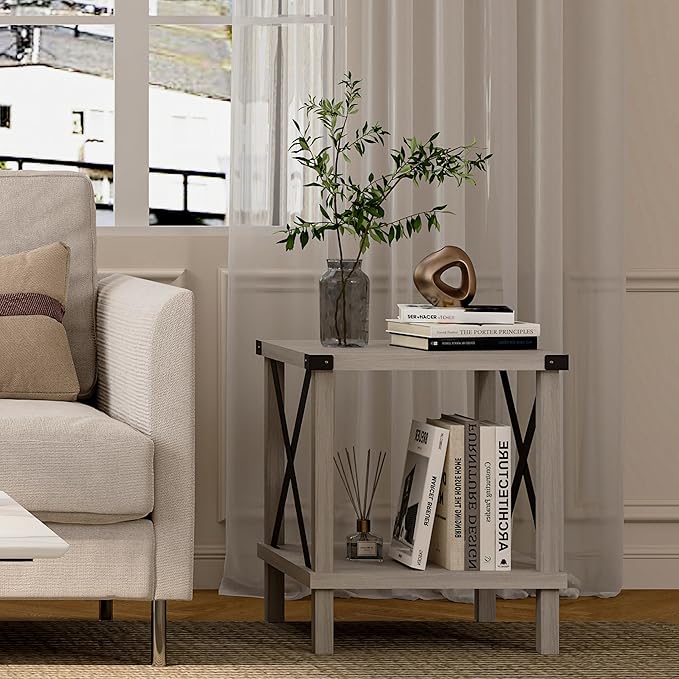 Large End Table Farmhouse Side Table Industrial Style Sofa Table Metal X Accent Wood Coffee Table NightStand with Storage Shelf for Living Room Bedroom Oak Grey MLBZ16Z
