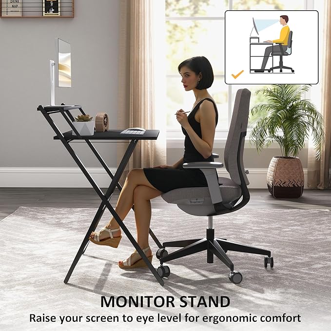 HOMCOM Small Folding Desk, 27.6 Inch Foldable Computer Desk with Monitor Shelf, Space Saving Portable Writing Table for Small Spaces, Home Office, Study, Easy Assembly, Black