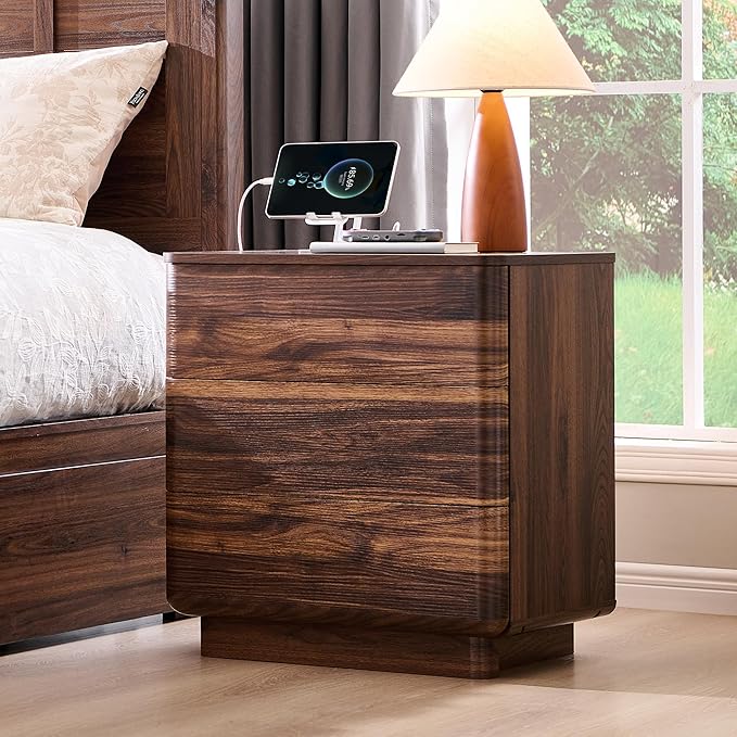 ACCOHOHO 22" Modern Nightstand with Charging Station, Push-to-Open Handleless 3 Drawers Bedside Table, Large End Table with Storage, Night Stand for Bedroom, Living Room, Curved Profile, Brown