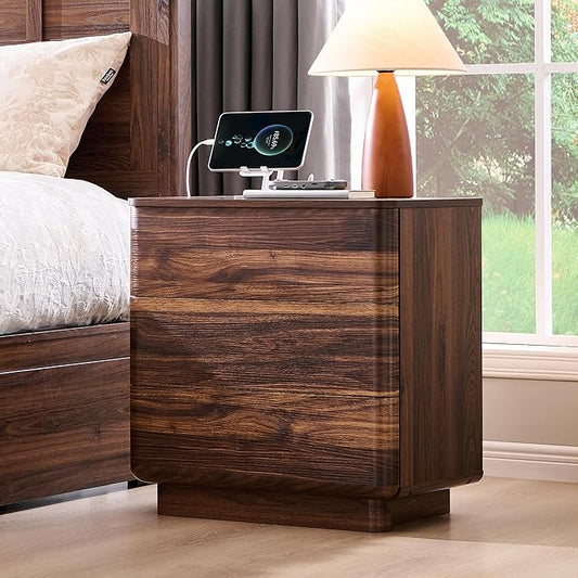 ACCOHOHO 22" Modern Nightstand with Charging Station, Push-to-Open Handleless 3 Drawers Bedside Table, Large End Table with Storage, Night Stand for Bedroom, Living Room, Curved Profile, Brown