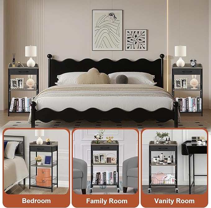 4-Tier Small Side Table with Optional Casters, Narrow End Table with Drawer and Shelves, Tall Nightstand for Dorm, Small Accent Table Stand for Living Room, Bedroom, Bathroom, Black& Grey