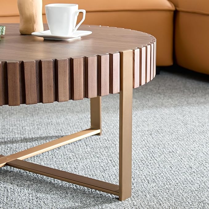 Walnut Round Coffee Table for Living Room, 31.5" Modern Handcraft Drum Coffee Table, Circle Wood Side Table End Table Accent Center Table, Small Coffee Table with Sturdy Pedestal, Walnut