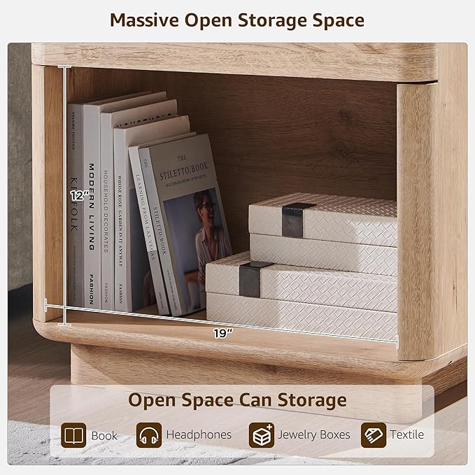 ACCOHOHO Modern Nightstand with Charger Station, 22" Wide Night Stand with Storage Drawer & Open Shelf, Large Bedside Table for Bedroom, Wood End Table, Curved Profile, Natural Oak