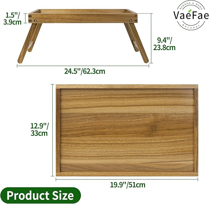 VaeFae Acacia Bed Table Tray, Wooden Breakfast Tray with Folding Legs, Bed Tray for Eating and Laptop, Eating Trays for Bedroom (Large Size)
