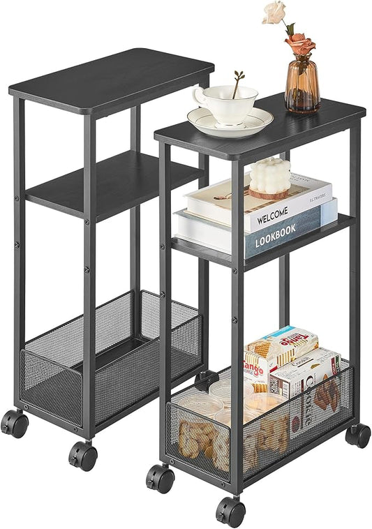 Side Table with Wheels of 2, Narrow Side Table with 3-Layer Storage Shelves, Slim Nightstand, Metal Frame, for Small Spaces, Living Room, Bedroom, 7.9" W x 15.7" D x 25.2" H, Black