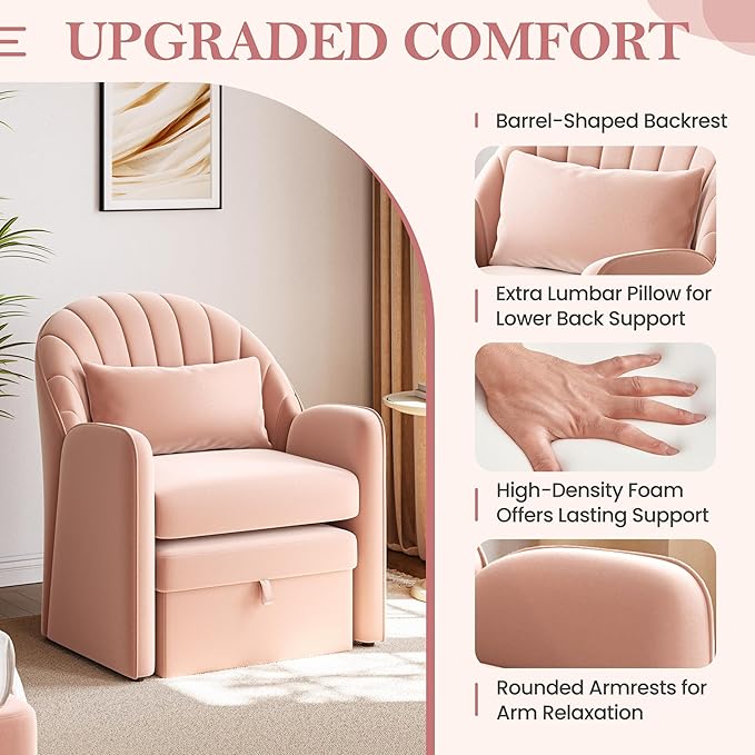 Yaheetech Small Accent Barrel Chairs for Living Room Set of 2, Velvet Cute Reading Corner Chair with Storage Footrest Lumbar Pillow for Bedroom Small Space Pink