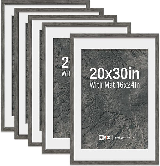 VCK 20x30 Poster Frame 5 Pack - Grey, High-End Wood Picture Frames with Polished Plexiglass, Display 16x24 Photo with Mat or 20x30 without Mat, Art Gallery-Quality, Wall Hanging, Grey