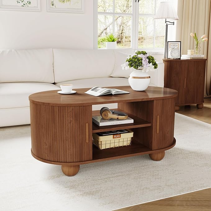 Rectangle Coffee Table, Fluted Coffee Tables for Living Room, Mid-Century Coffee Table Center Table with Storage & Sliding Doors for Apartment, Home Office (Walnut)