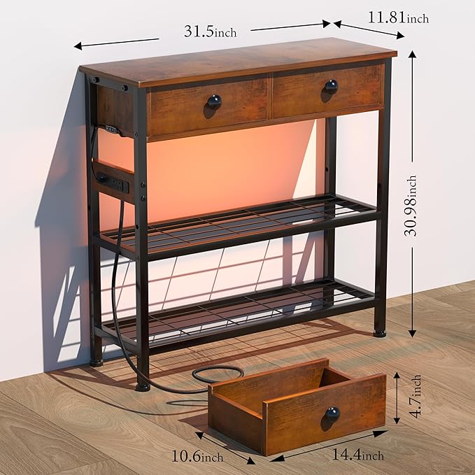 32" Narrow Console/Entryway Table with Storage & 3 Drawers & Outlets, for Sofa & Living Room, Hallway/Foyer/Couch/TV/ Aquarium Stand Table for Entryway with USB Ports, LED Light Strip,Perfect for Home