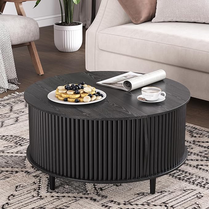 Round Coffee Table with Storage,Mid Century Modern Dining Table with Sliding Cabinet Door for Living Room,Home Small Space,31.5" Small Center Table,Black