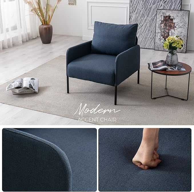 Linen Fabric Living Room Accent Chairs Bedroom Single Sofa Chair, Upholstered Reading Arm Chair Modern Couch w/Comfy Pillow for Waiting Room/Apartment/Dorm, Blue