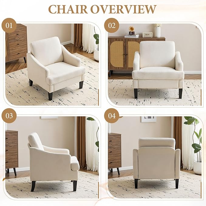 Bezseller Modern Accent Chair, Upholstered Reading Armchair with Wood Legs, Mid-Century Leisure Comfy Single Sofa Chair for Living Room, Bedroom, Home, Office, Beige