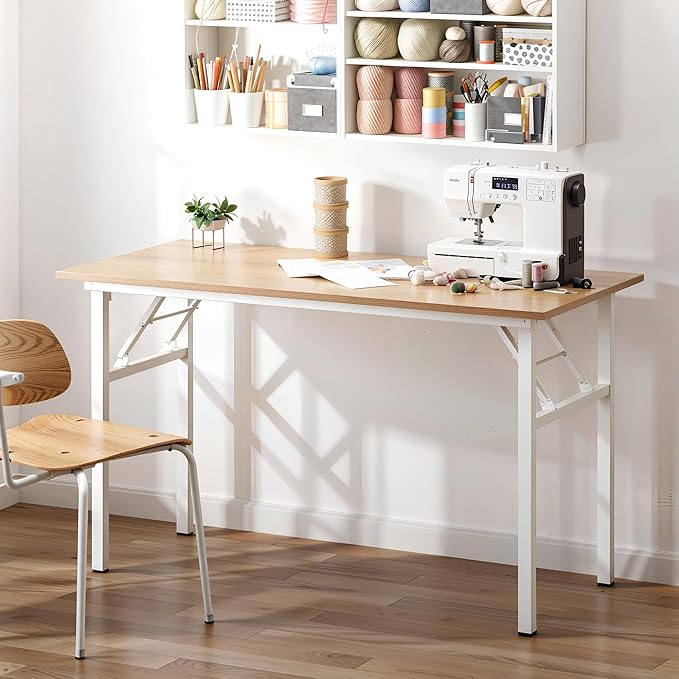 Need Folding Desk for Home Office 39-3/8'' Length Modern Folding Table Computer Desk No Install Needed Pink Oak Color Desktop White Frame, AC5AW(10060)