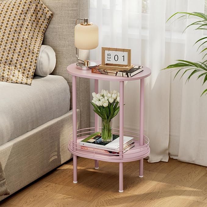Small Round Side Table Set of 2,Bedside Table with Storage, Morden Round Nightstand, Samll Side Table for Living Room，Bathroom，Bedroom, Nursery, Laundry, Pink