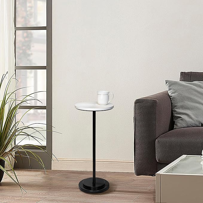 Drink Table, Carved Table Top Martini Table, Small Side Table, Weighted Base Pedestal Table for Living Room, Bedroom, Modern, White and Black