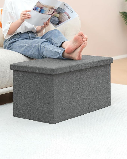 B FSOBEIIALEO Storage Ottoman with Tray, Linen Coffee Table Folding Long Shoes Bench Footstool, Dark Grey 30"x15.74"x15"