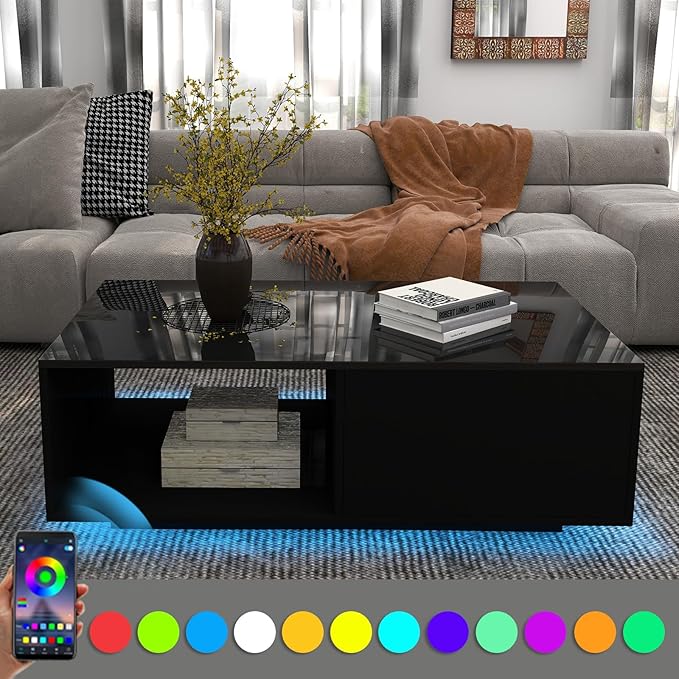 COSVALVE 43.3IN LED Black Coffee Tables for Living Room with 16 Colors LED Lights Modern Coffee Table with Storage Drawer Rectangle Center Table for Home Furniture