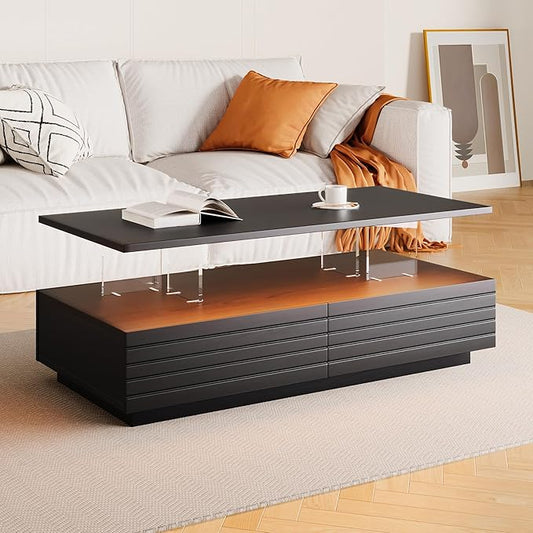 LED Coffee Table with 2 Large Drawers, 47.2" Multi-Color Adjustable Lighting & Ample Storage for Magazines for Living Room, Modern Rectangular Sturdy Engineered Wood Tea Table for Furniture, Black