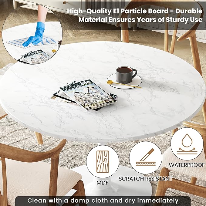 DKLGG White Marble Round Dining Table, 31.5" Tulip Kitchen Dining Table 2-4 People with MDF Top & Pedestal Base, Mid-Century End Table Leisure Coffee Office Living Room Table