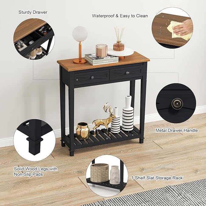 Kinsuite Narrow Console Table with 2 Drawers & Storage, 2-Tier Farmhouse Wooden Entryway Tables, Sofa Table Hallway Table for Living Room Hallway, Black