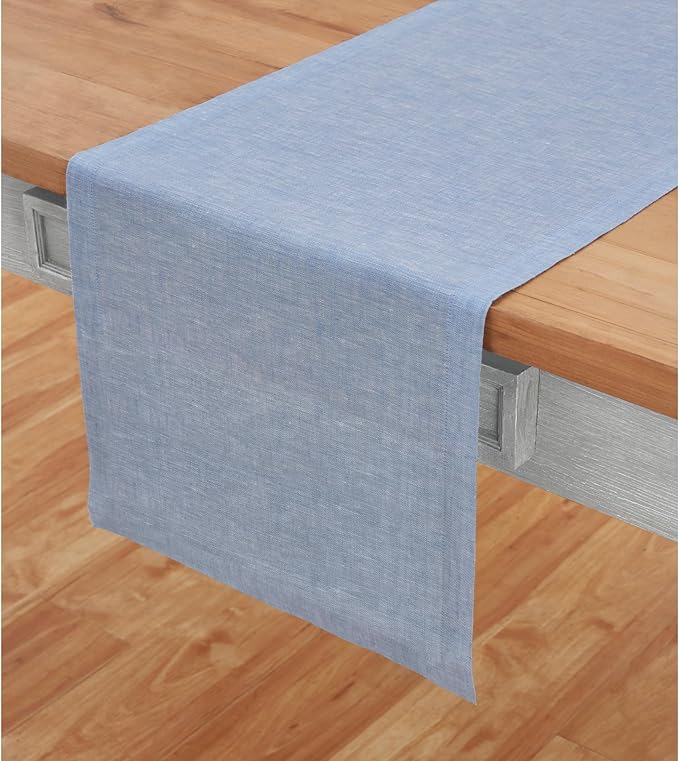 Solino Home Linen Chambray Blue Table Runner 132 Inches Long - Athena, 100% Pure Linen Dining Table Runner 14 x 132 Inch for Christmas