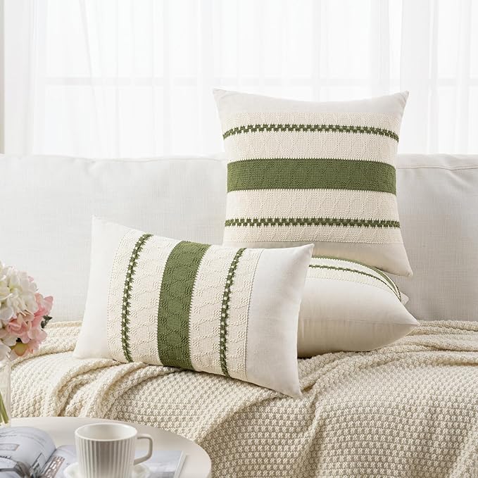 Fancy Homi Set of 2 Boho Moss Green Long Lumbar Decorative Throw Pillow Cover 14x24 Inch for Couch Bed Sofa Chair, Modern Organic Farmhouse Home Decor, Soft Cotton Cute Accent Rectangle Cushion Case