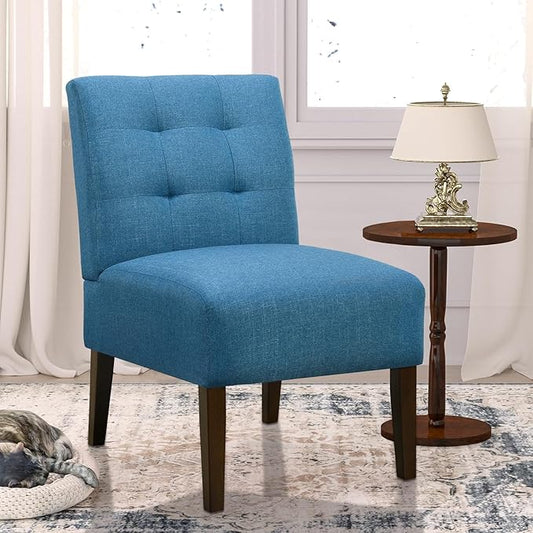 Slipper Accent Chair Modern Armless Lounge Chair with Wood Legs Upholstered Makeup Vanity Tufted Side Chair Fabric Comfy with Decor Back for Living Room Bedroom Patio (Pin Back, Blue)
