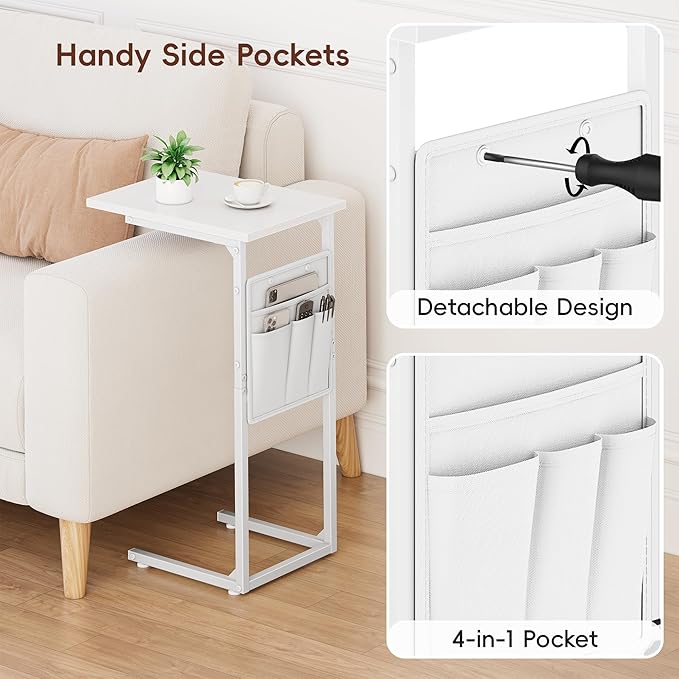 Vagusicc C Shaped End Table, Small Side Table for Couch, Couch Side Table Arm C Table for Sofa, TV Tray Slide Under Sofa Drink Table with Metal Frame for Living Room, Bedroom, Bedside, White