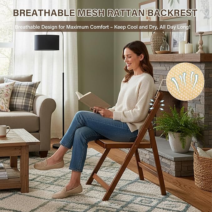 Rattan Folding Chairs, Modern Mid Century Dining Chairs Set of 2, Outdoor Bamboo Chairs for Bedroom Living Room Reading Room Dining Kitchen, Walnut