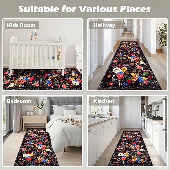 Black Rug for Hallways Kitchen Rug 2x8, Non Slip Washable Rugs with Rubber Backing Soft Floral Carpet Runner for Hallways, Kitchen, Laundry, Bedroom, Bathroom(2 x 8, Black Lawn)