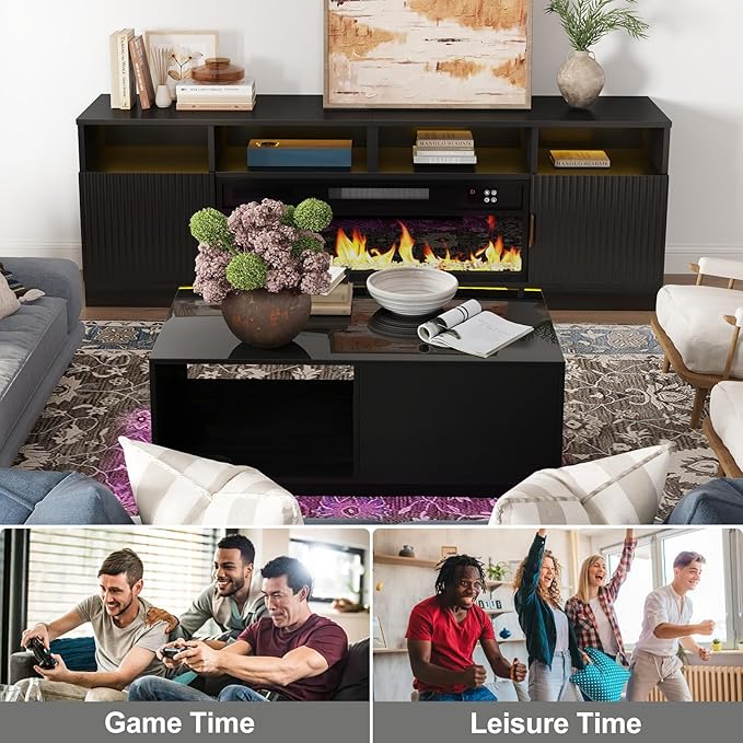 COSVALVE 43.3IN LED Black Coffee Tables for Living Room with 16 Colors LED Lights Modern Coffee Table with Storage Drawer Rectangle Center Table for Home Furniture