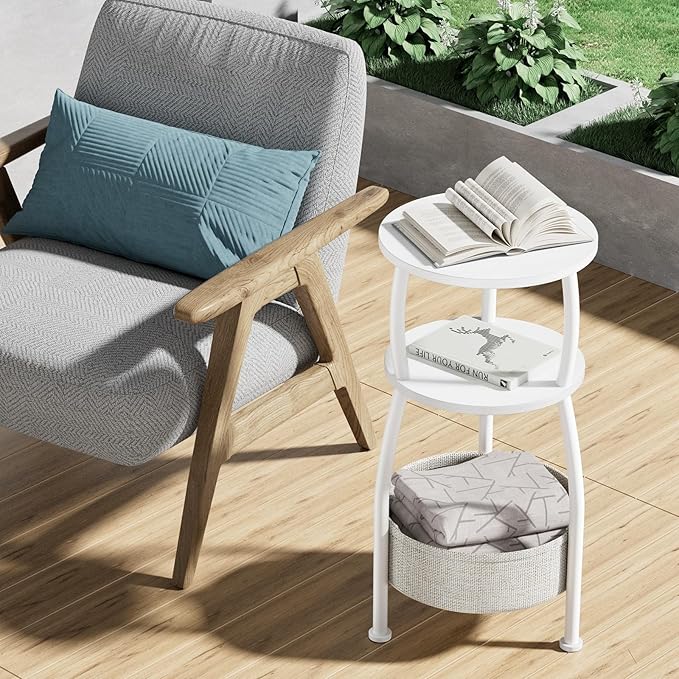 Small Round Side Table for Living Room with Storage Basket –Small Space Saving End Table 3-Tier Nightstand Couch Corner Stand Bedroom, Garden and More 24in Tall Matte White
