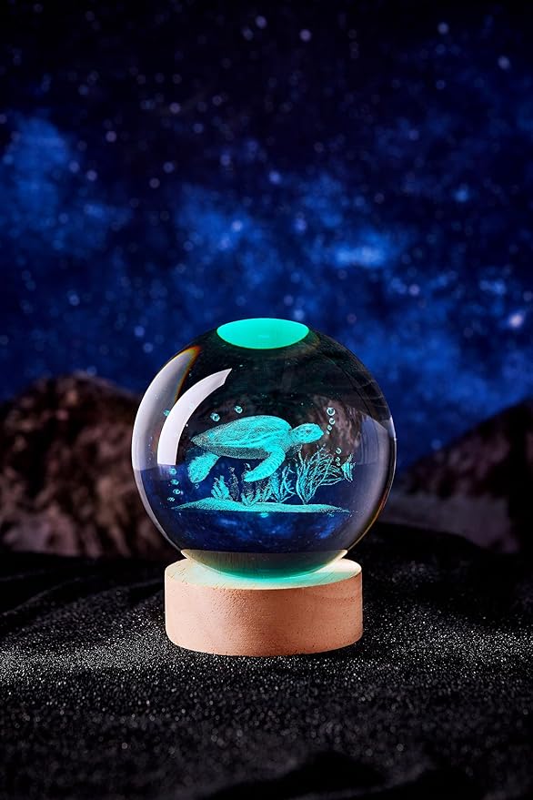 Crystal Ball Lamp with LED Wooden Base, 16 Colors Change & Remote Control Crystal Ball Night Light, Upgraded 3.15 Inch Glass Light, Gift for Kids Wife Girlfriend (sea Turtle)