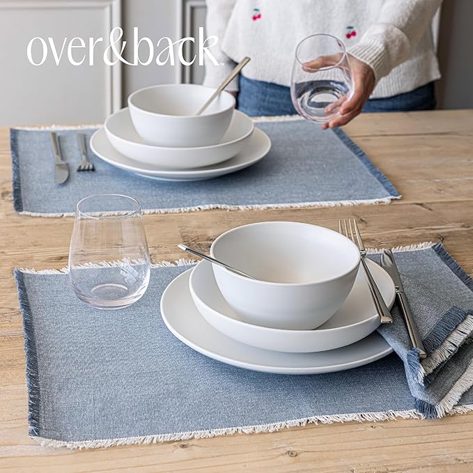 Over&Back Set of 4 Woven Frayed Chambray Placemats - Colorful Dining Table Mat - Hand-Finished Frayed Edges - 100% Cotton - Machine Washable - Kitchen and Home Decor - Blue - 14" L X 20" W