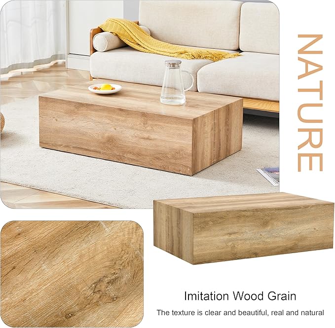39.3" Rectangular Wood Coffee Table, Modern Coffee Tables in Natural Wood Finish for Living Room, Contemporary No Assembly Wooden Center Cocktail Table for Bedroom, Reception Room