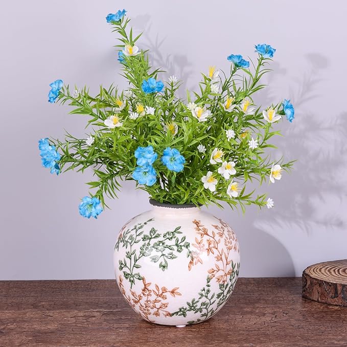 Vintage Green and White Brown Round Vase, Chinoiserie Porcelain Green Floral Vase, Mid Century Modern Pottery Flower Vases for Bouquet and Home Rustic Farmhouse Dining Table Decor