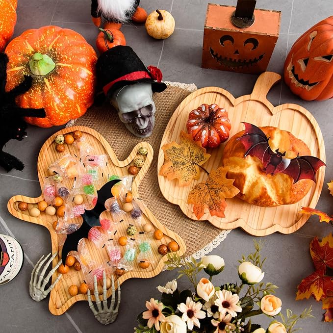 FOBSME 2 Pcs Halloween Wooden Serving Platters Pumpkin and Ghost Shape Charcuterie Boards Fall Wood Serving Trays Decorative Wood Snack Dish Plates for Halloween Autumn Holiday Housewarming Presents